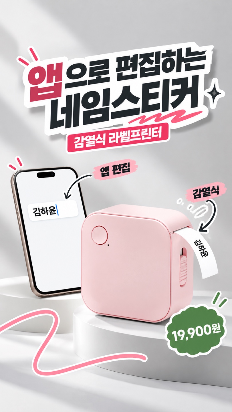 오지렌 핑크 라벨프린터의 앱 편집과 감열식 출력 과정을 표현한 세로형 광고 이미지